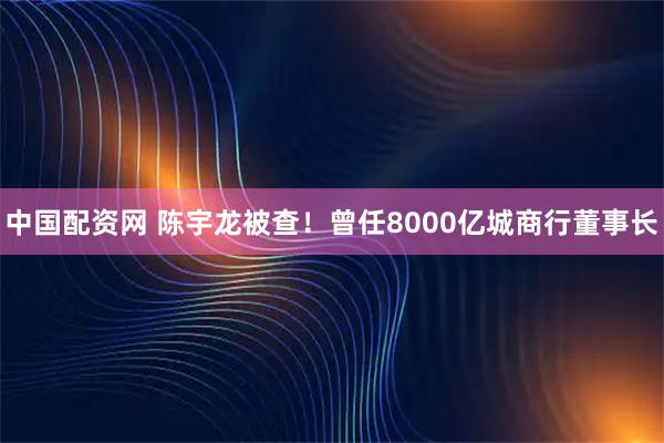 中国配资网 陈宇龙被查！曾任8000亿城商行董事长